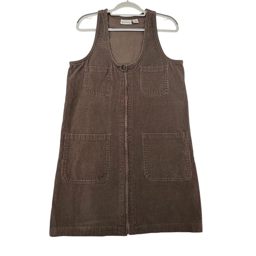 Y2K Basic Editions 100% Cotton Brown Corduroy Jumper Dress Womens Size 12 90s